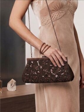 Carlo Fellini Beaded Kiss Lock Crossbody Clutch Wristlet 2 Chains Brown Copper